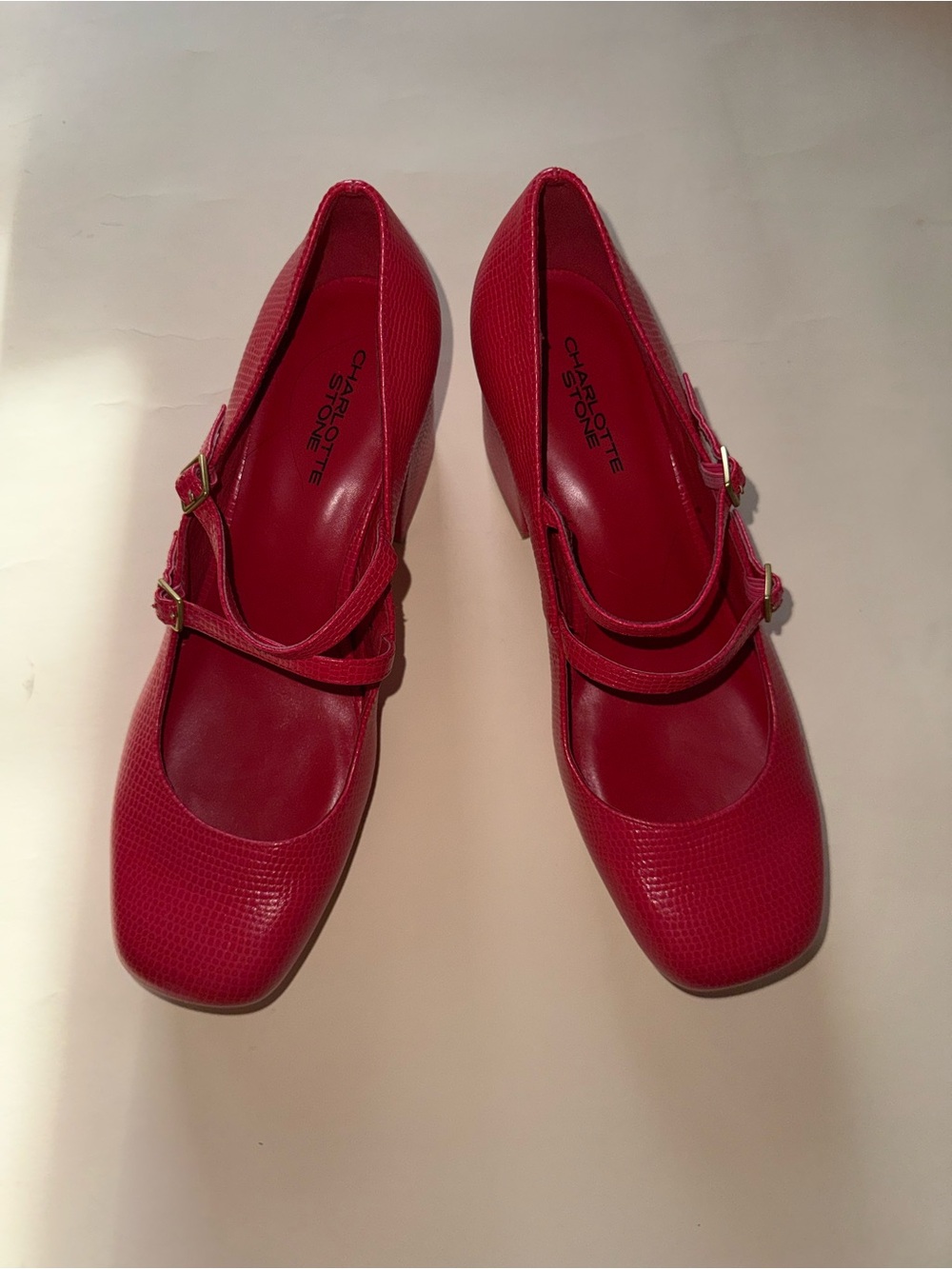 Charlotte Stone Bright Red Double-Strap Mary Jane Heels